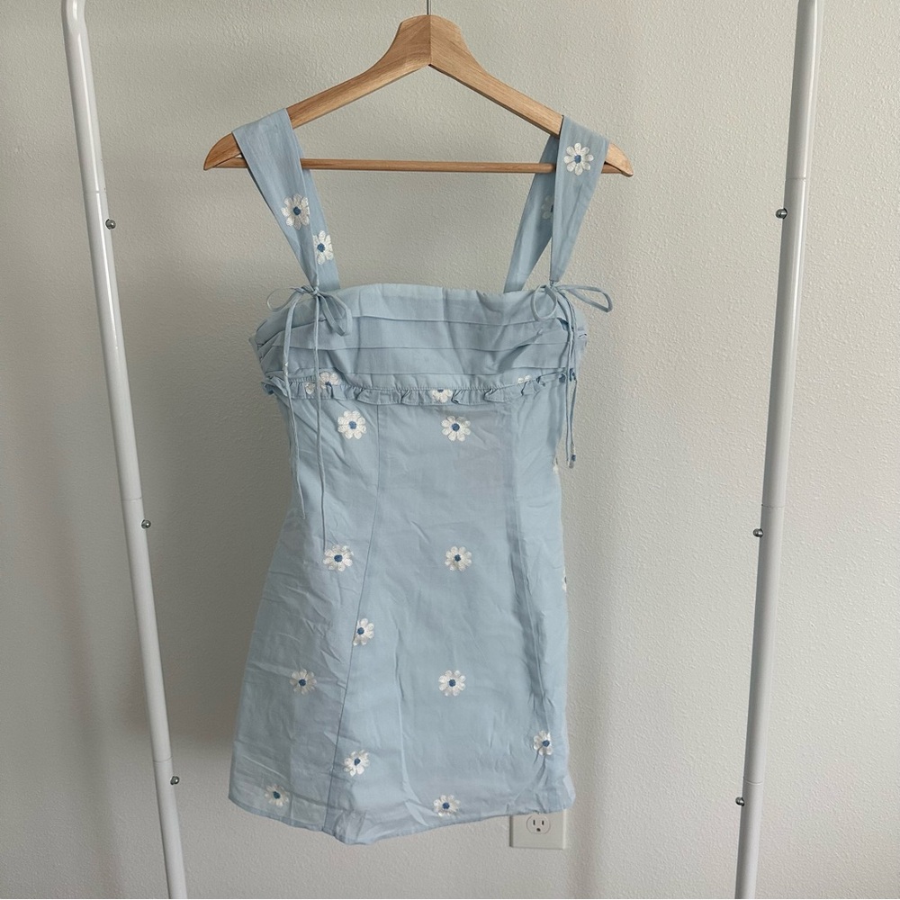 Light Blue Floral Embroidered Mini Dress